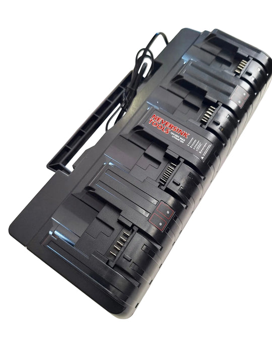Black power adapter with multiple ports on a light background