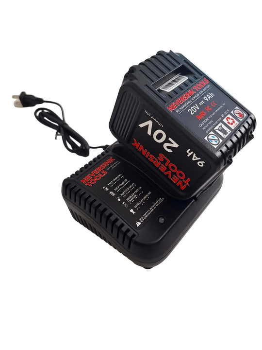Black battery charger with a battery on a white surface