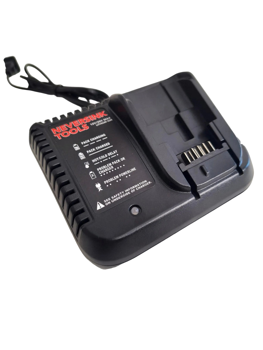 Black power tool charger with red text on a white surface