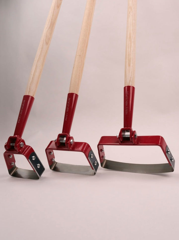 Three sizes of long-handle red stirrup hoes