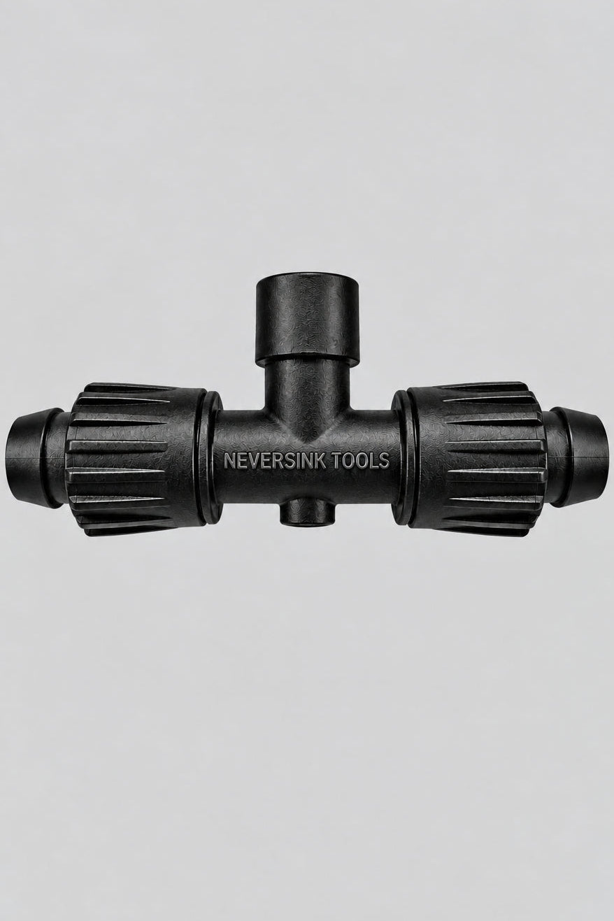 A black plastic T-bar hose connector with ribbed end caps, featuring the embossed brand name 'NEVERHOLE TOOL' on the center body, set against a plain off-white background.